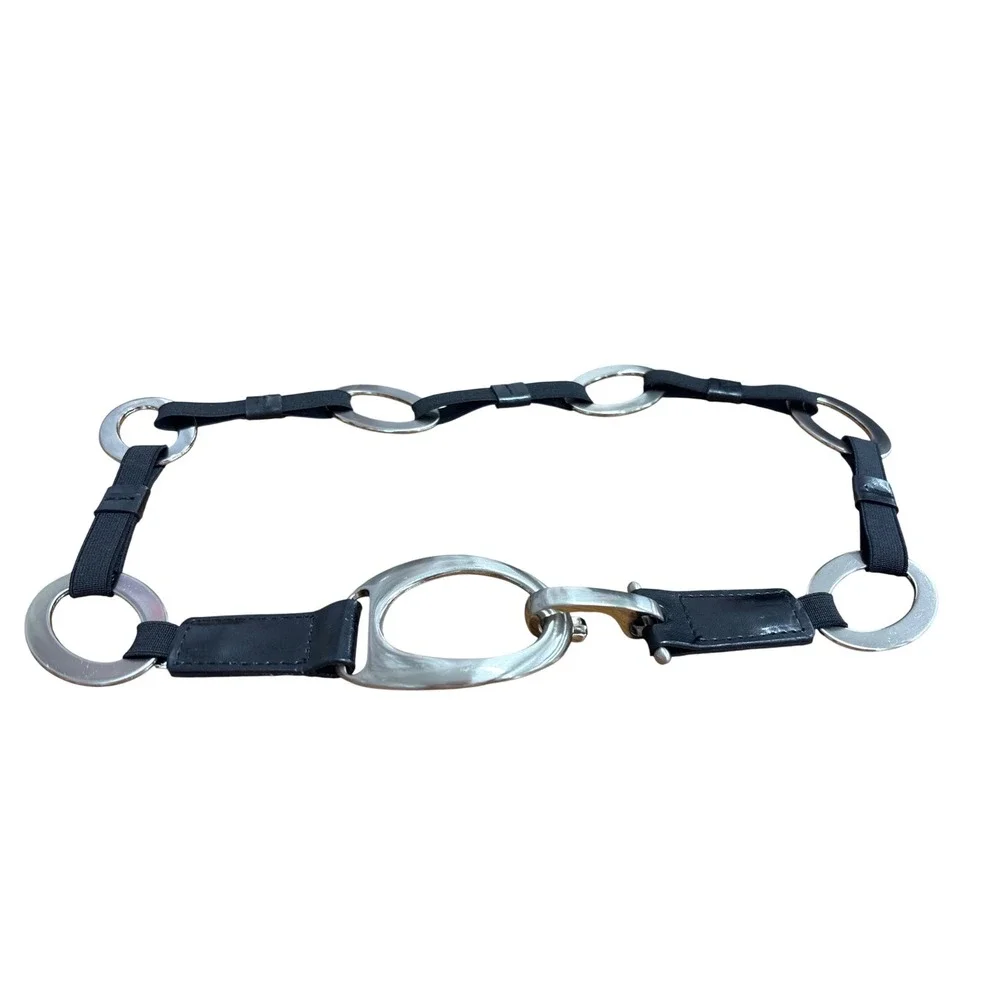 Womens Black Elastic Chain Link Belt Silver Oval Buckle Stretchy Waist Cinch